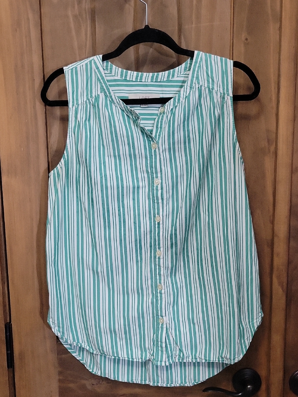 LOFT Green and White Vertical Stripe Sleeveless Button-Down Top